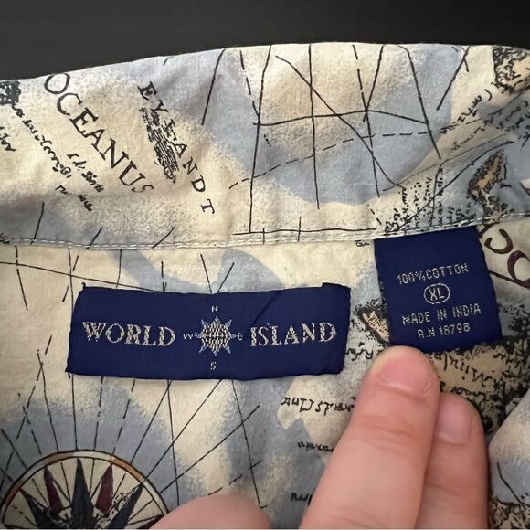 World Island Shirt Mens XL Blue Hawaiian Aloha Chart of Oceanus Design Cotton - Picture 10 of 13